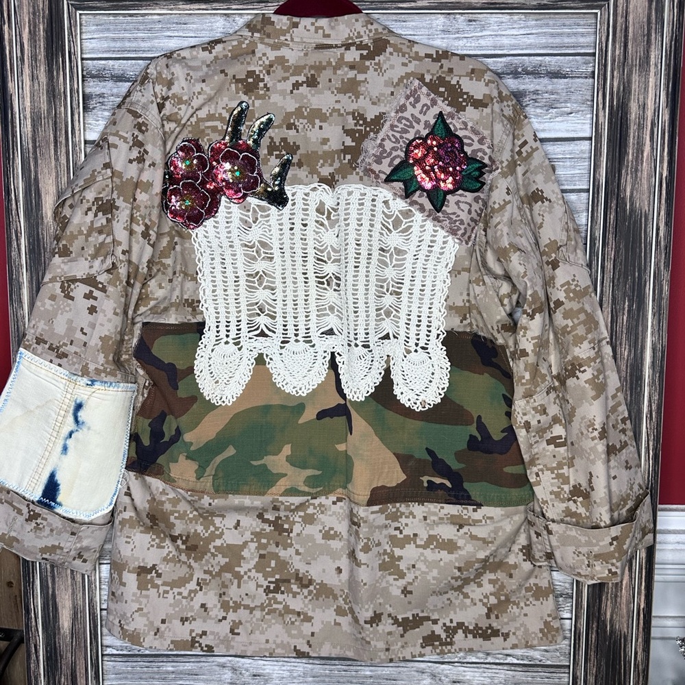 Vintage Authentic UpCycled Recycled Digital Camo Military Jacket Coat Gypsy Boho